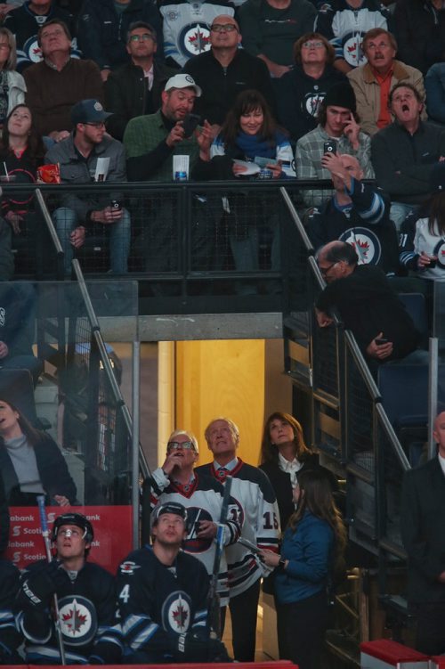MIKE DEAL / WINNIPEG FREE PRESS
The Winnipeg Jets induct the Hot Line Anders Hedberg (right), Bobby Hull (not present) and Ulf Nilsson (left), who played together for the Jets from 1974-78 as the first three members of the Winnipeg Jets Hall of Fame prior to the start of the Jets game against the Toronto Maple Leafs at the MTS Centre Wednesday evening.
161019
Wednesday, October 19, 2016