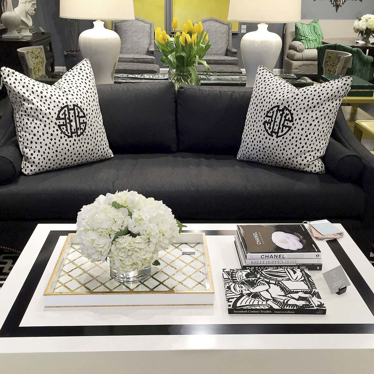 <p>A Tobi Fairley coffee table is paired with her Eva sofa for C.R. Laine in Derek Onyx fabric. (Patricia Sheridan/Pittsburgh Post-Gazette/TNS)</p></p>