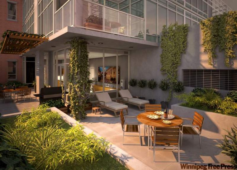 

e-mailed by jeff of Chard Development in Vancouver.

He wrote" Please find 2 images attached of The 834 - courtyard terrace and movie room. It is located at ground level on the north side of the building. We will also have a rooftop garden and seating area at The 834. 
pedro arrais story
