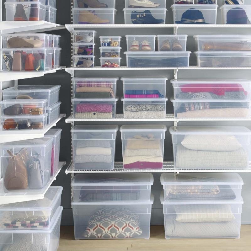 <p>The Container Store</p><p>Clear storage bins can help cut down clutter and help you see what's where.</p>