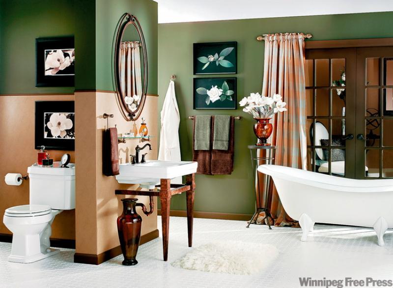 The key to choosing colours is to find a key element in your decor and choose a colour to match or complement it. In this photo from Moen, the green picks up the hand towels, while the sand is reflected in the warmth of the wood features.