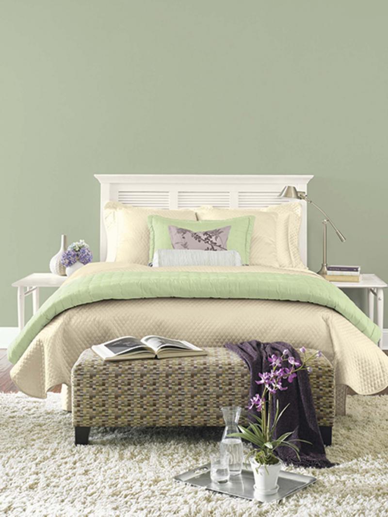 <p>CIL Paints</p><p>Green paint and accents in the bedroom give off a relaxing and soothing vibe.</p></p></p>