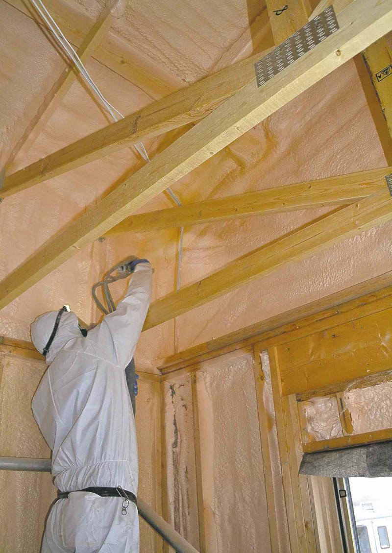 Sprayed polyurethane insulation foam must be applied in a layer no thicker than two inches to allow the foam to cure completely.