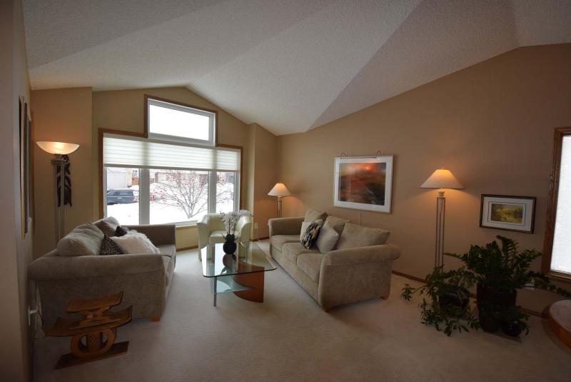 <p>A vaulted ceiling creates an elegant feel in the family room.</p>