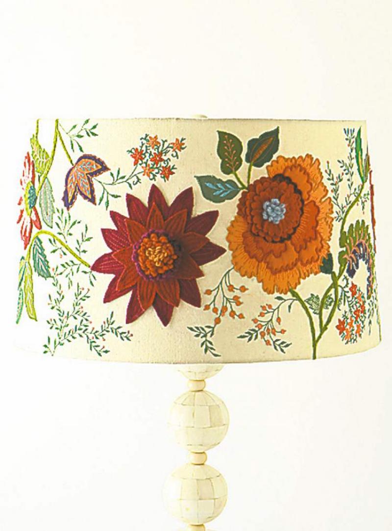 A floral needleworked lampshade by Anthropologie.