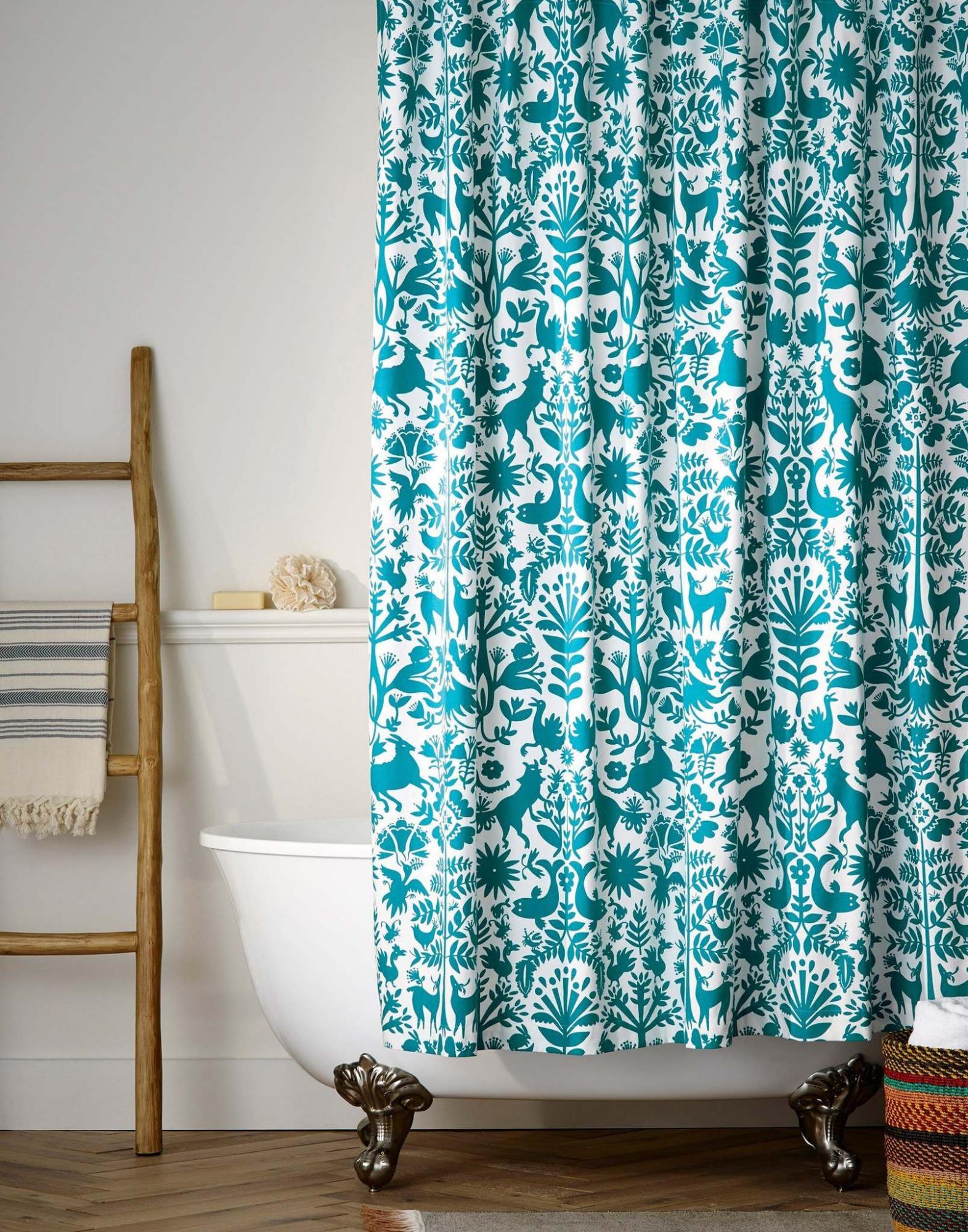 <p>Hygge &amp; West</p><p>The Otomi Shower Curtain in turquoise from Hygge &amp; West. Turquoise is a versatile design colour and can add a bright twist. </p>
