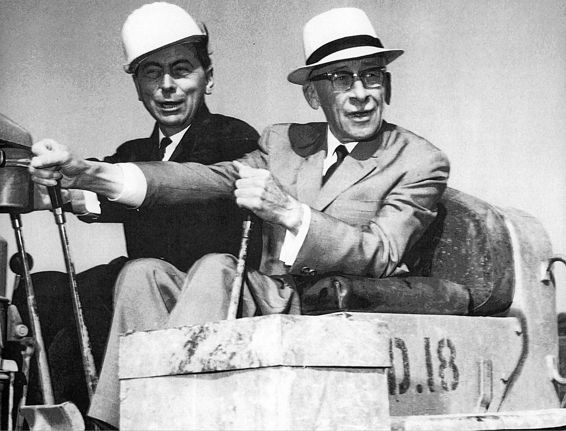  <p>St. Boniface Mayor Joseph Guay, with Ladco Development&rsquo;s Henry Borger at the controls, at the start of construction of the Southdale neighbourhood in 1965.</p> 