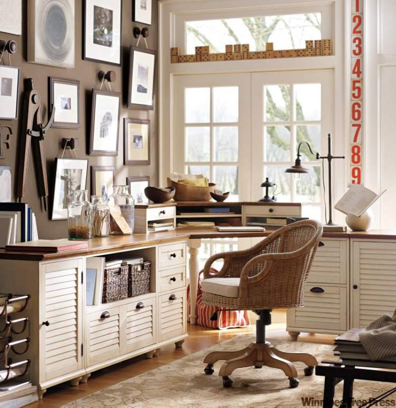 Go country with oil-bronzed lamps, a wicker chair and a wool rug. 