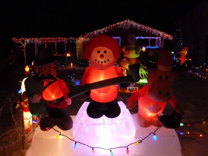 <p>Supplied</p><p>Kelly and Jocelyn&rsquo;s home on Shakespeare Bay, complete with inflatable characters. </p>