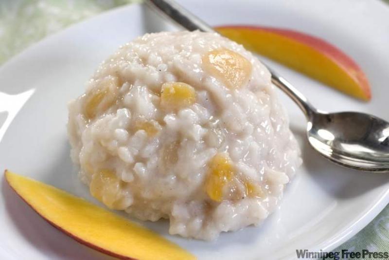 Basmati-almond rice pudding with mango. The rich flavour of almond milk makes this rice pudding a wonderful non-dairy side.