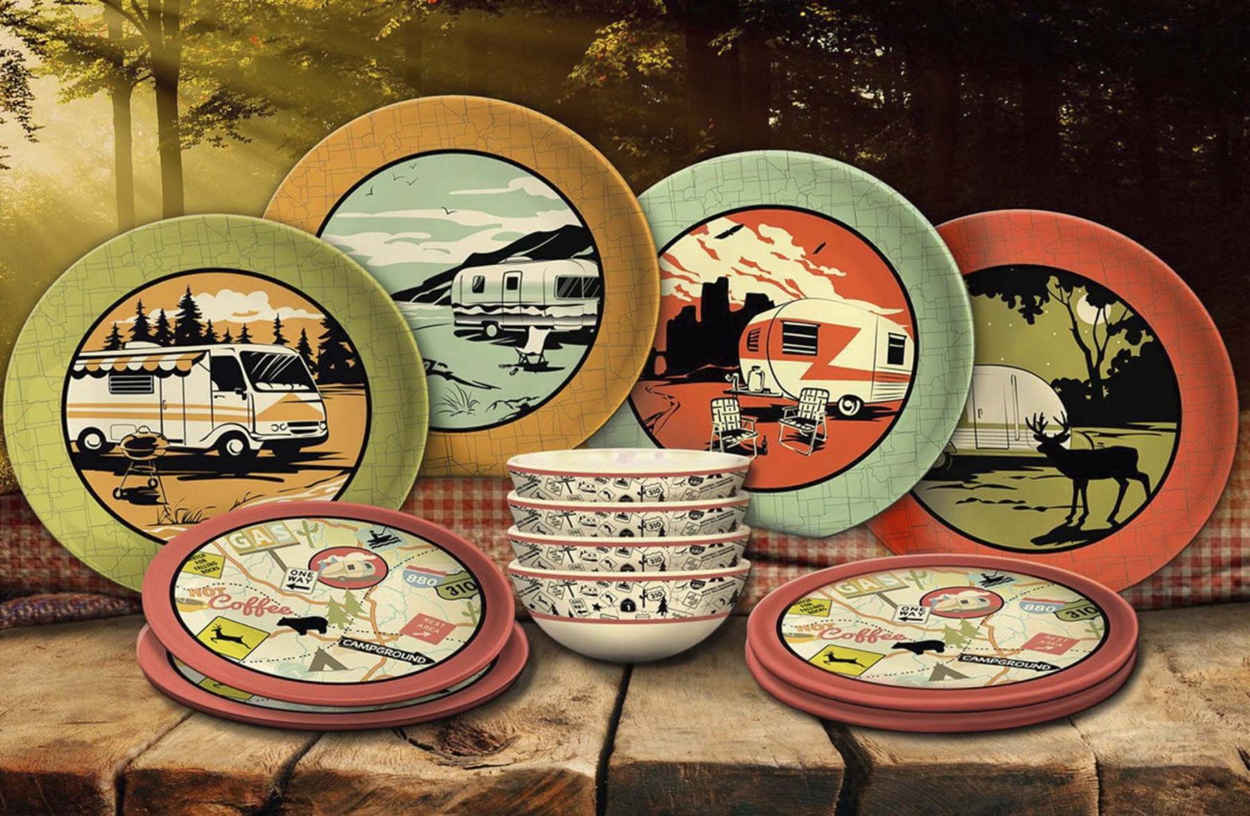 <p>RetroPlanet</p><p>Reusable dishes like the melamine Outdoor RV Dish Set from RetroPlanet offer a fun and eco-friendly way to serve your guests. </p>