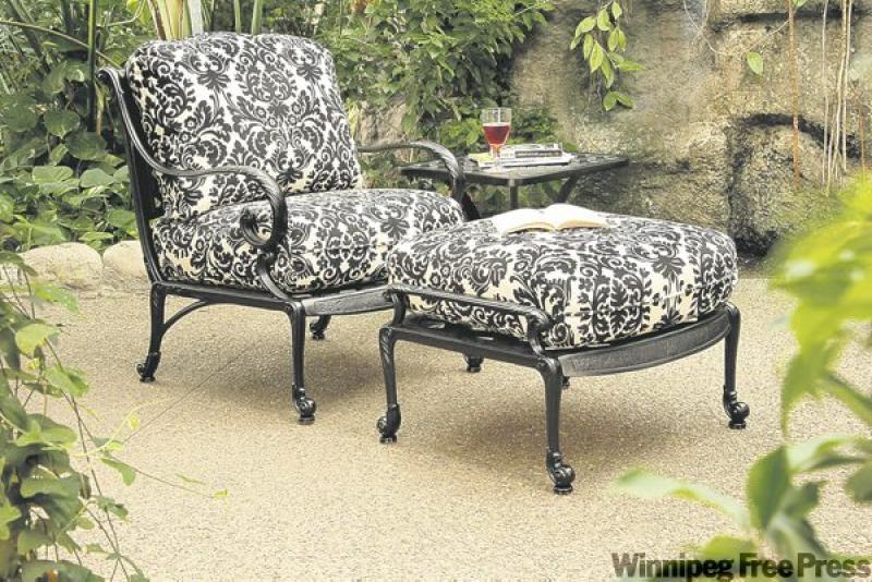 Lush fabric design and curved frame detail herald the high-style fashions available in today's outdoor furnishings.