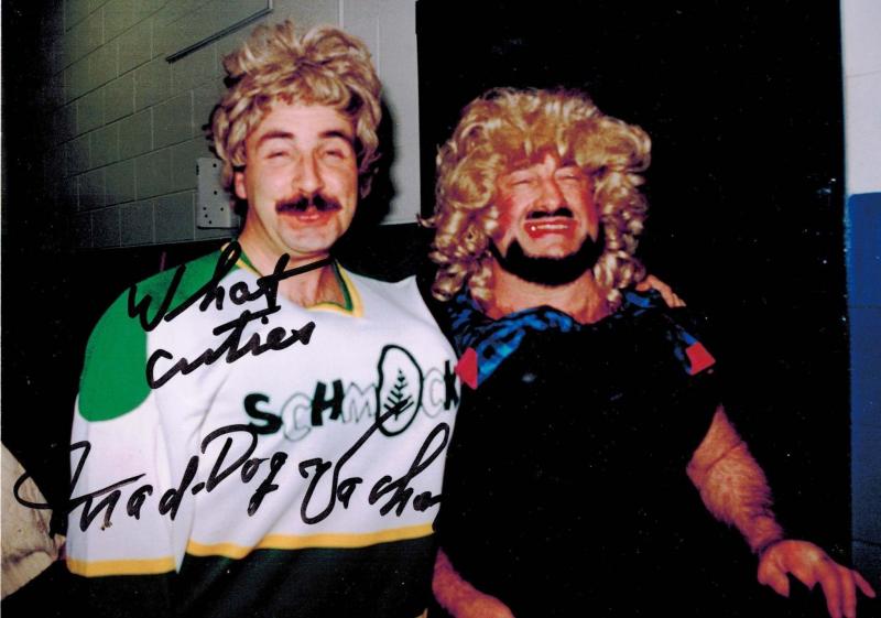 <p>Laurie Mustard (left) and Mad Dog Vachon share a goofy moment before Schmockey Night in Winnipeg, a fundraising event pitting members of the media against members of the Blue Bombers.</p></p>