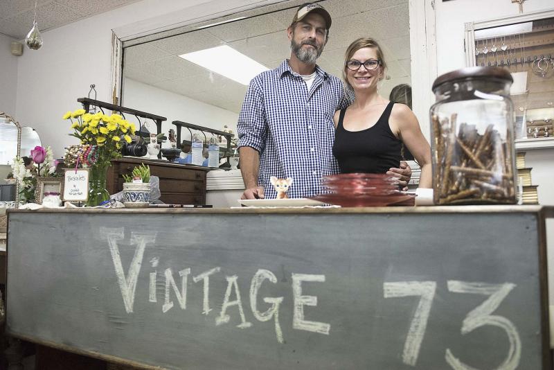 <p>Haley Nelson / Pittsburgh Post-Gazette</p><p>CJ and Beth Salak, owners of Vintage 73, pose for a picture in their store in Crafton Heights, a suburb of Pittsburgh. </p>