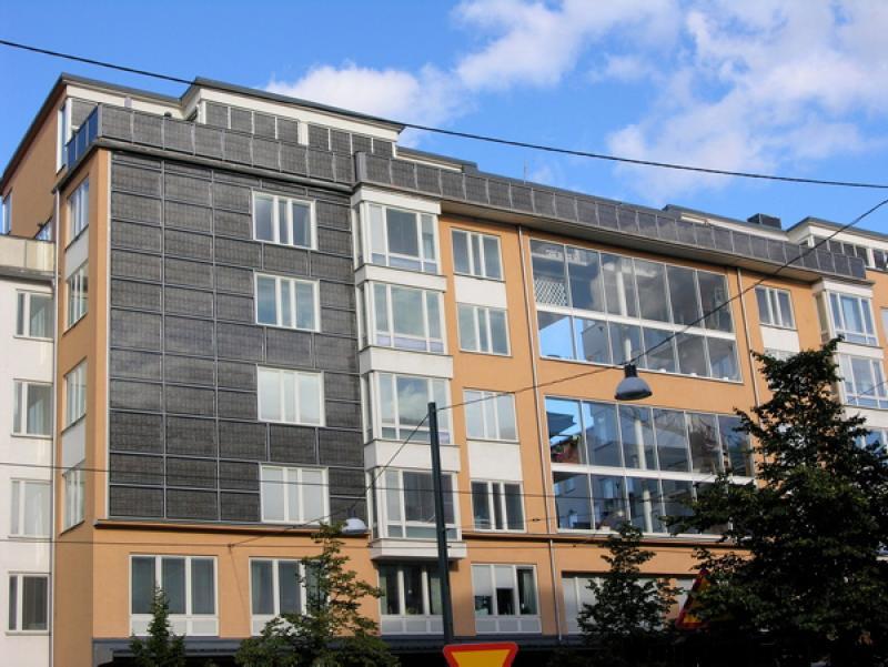 Solar panels predominate in this building, part of the Hammarby Sjostad development in Stockholm. 