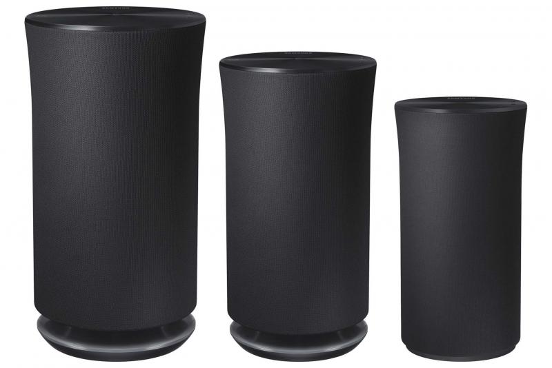 <p>Samsung&rsquo;s Radiant360 speakers (top) in black (from $179.99, samsung.com). Sonos&rsquo;s Playbase (bottom) in white ($899, sonos.com).</p>