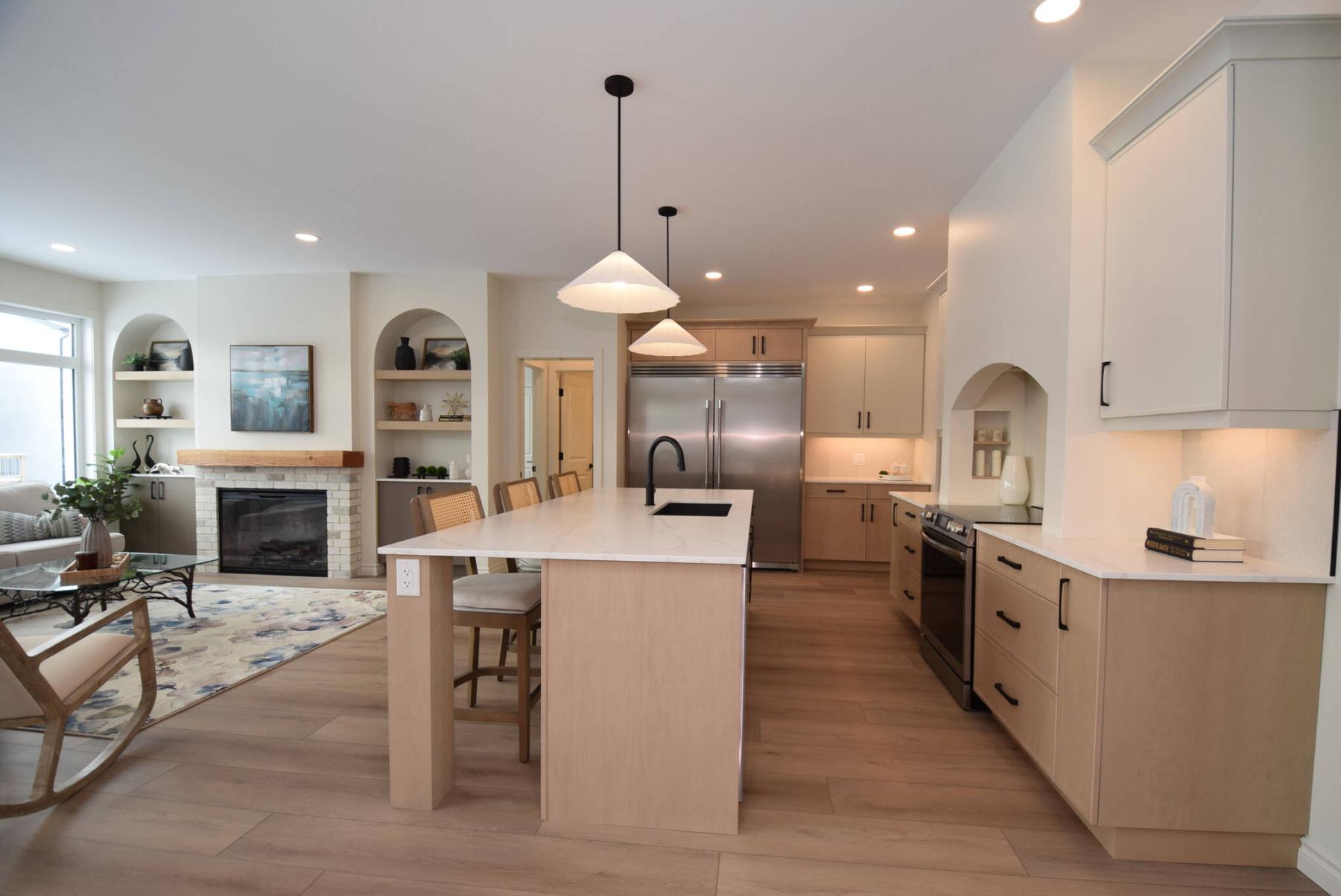  <p>A serene, inviting feel pervades the kitchen and dining area thanks to a mellow colour palette.</p> 