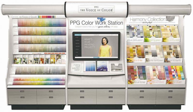 The PPG colour work station, left, is a first-of-its-kind interactive in-store paint palette display with an integrated 42-inch digital touchscreen.