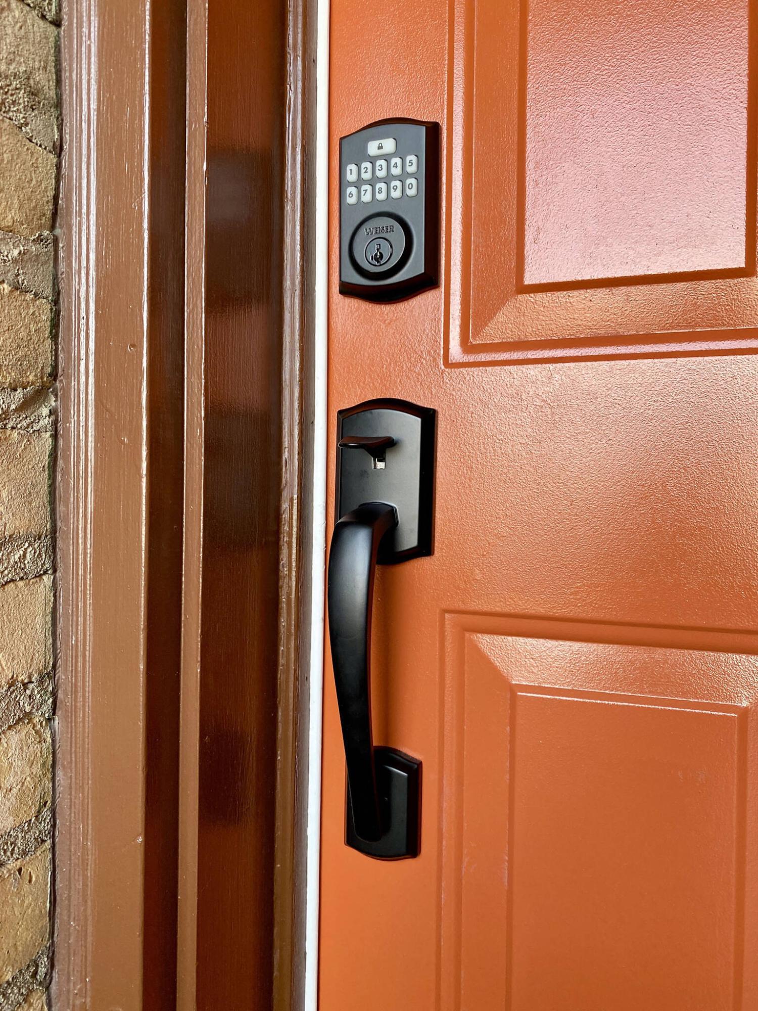  <p>The main entry door to the foyer received a pull-handle upgrade along with the introduction of a keypad.</p> 