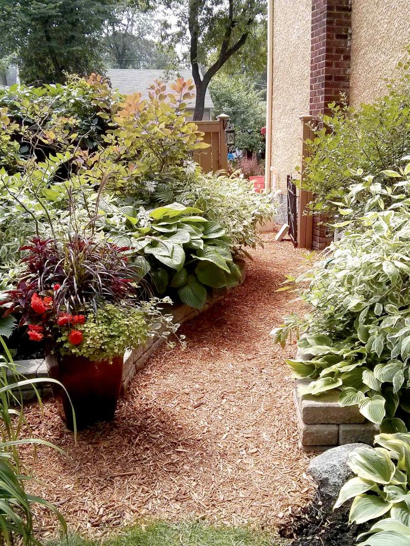 Shredded redwood mulch available in large bales transforms bare soil into an attractive area.