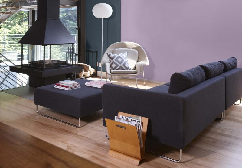 <p>Courtesy of Sico</p><p>The contrast between soft and dark tones, such as Sico's Violet Ambiance (6013-31) mauve and Flanders Lake (6169-73) slate, pictured on the walls of this living room, delivers a sense of stability to a space.</p>