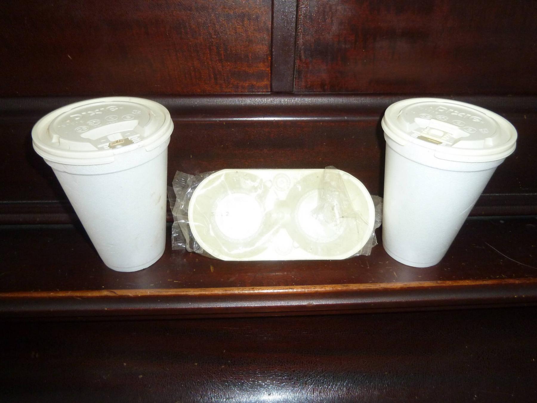 <p>Last-trip treasures: Styrofoam cups and butter tart packaging from a 2003 trip to Killarney with brother Bob.</p>