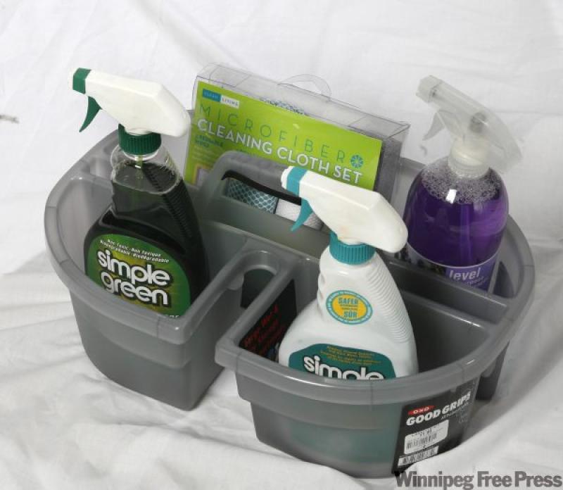Cleaning Caddy with various cleaning supplies.
