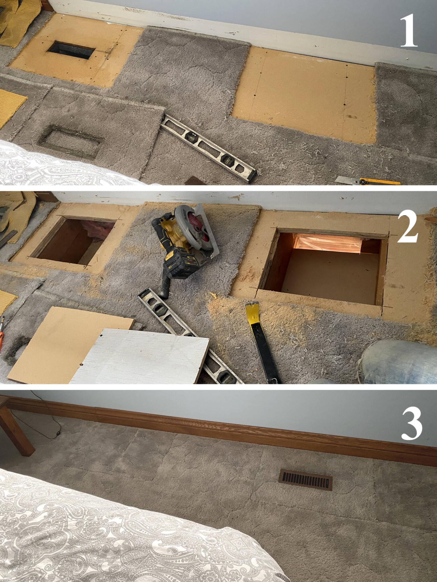  <p>Marc LaBossiere / Free Press</p>
                                <p>Identical sections of carpet and sub-floor were cut at both the old and new locations for the floor vent relocation.</p> 
