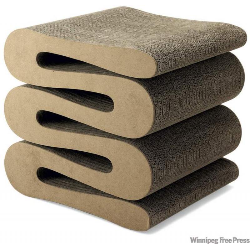 the Wiggle Stool by fame darchitect and now in the Museum of Modern Art, is made from recycled corrugated cardboard with lacquered side panels. 