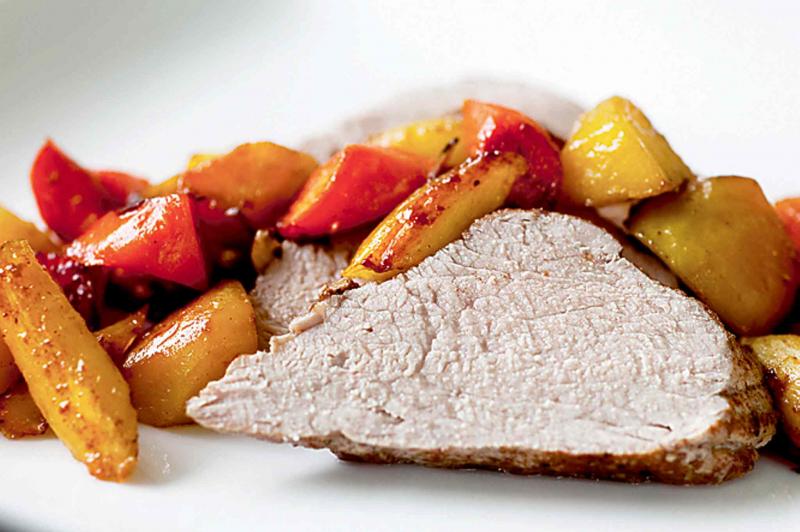 Cinnamon-Spice Pork Tenderloin With Roasted Root Vegetables.