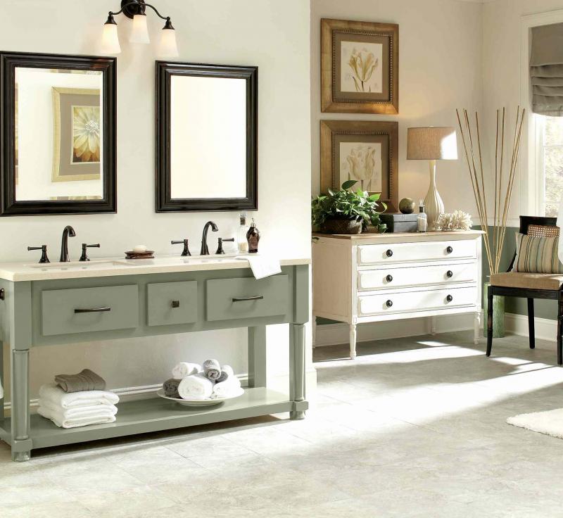 moen
A good example of coordinating decor techniques can be seen in this double vanity and dresser.