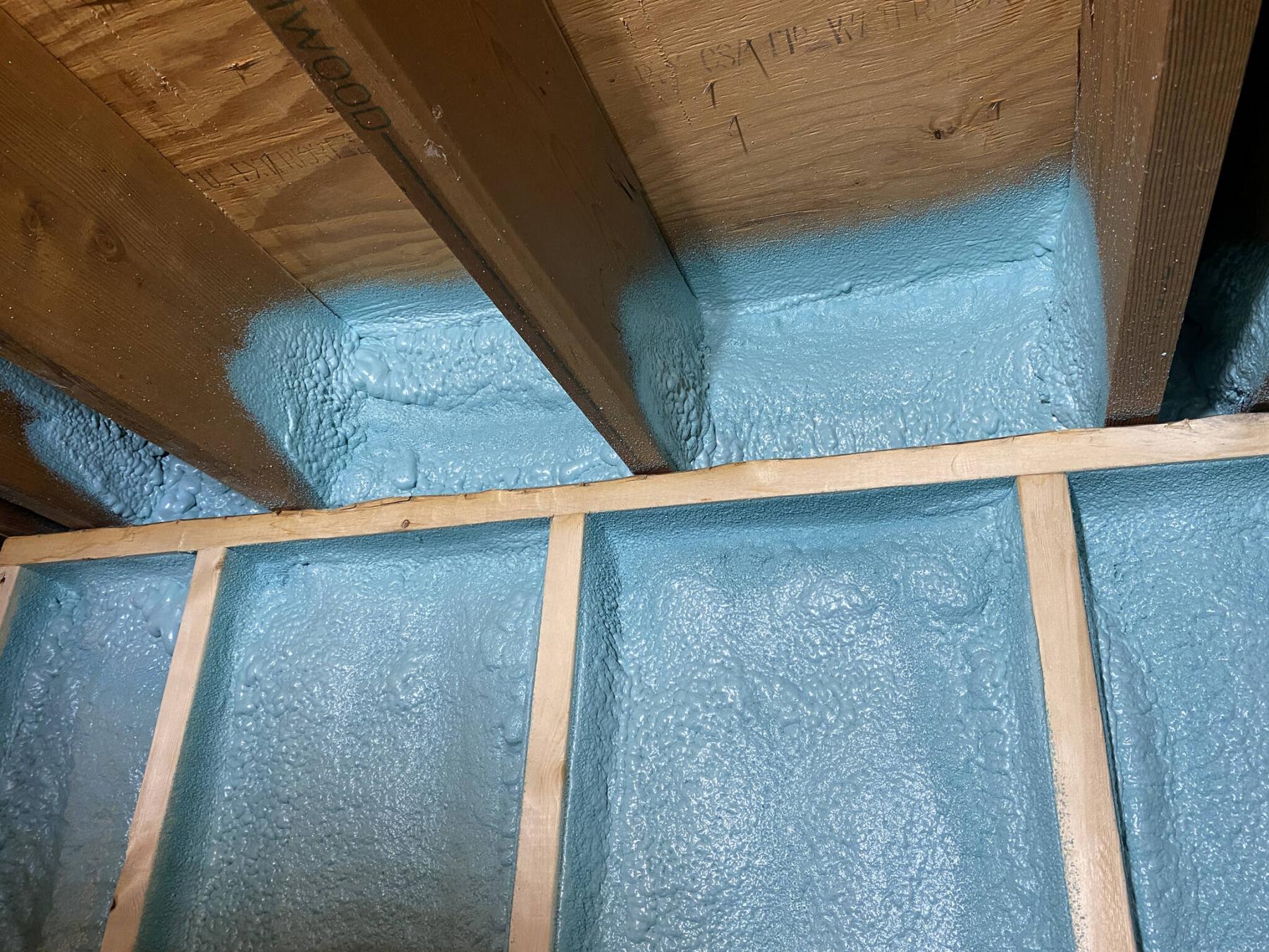 <p>Photos by Marc LaBossiere / Winnipeg Free Press</p><p>The stud cavities from floor to ceiling are filled with spray foam, including the joist cavity of the floor above.</p>