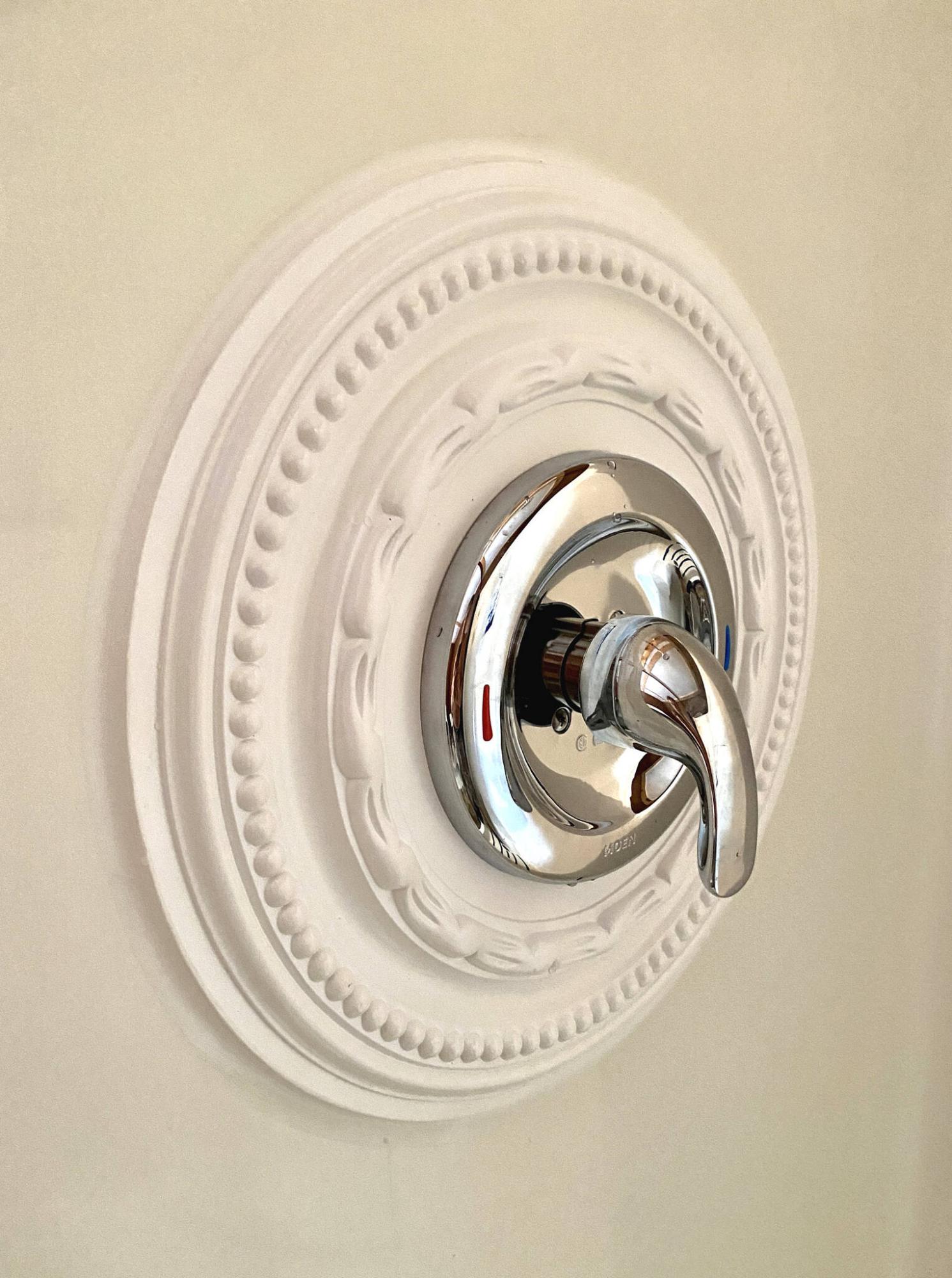  <p>Marc LaBossiere / Winnipeg Free Press</p>
                                <p>The unconventional use of a ceiling medallion elegantly hides unsightly holes from prior shower faucet fixes of a shower stall.</p> 