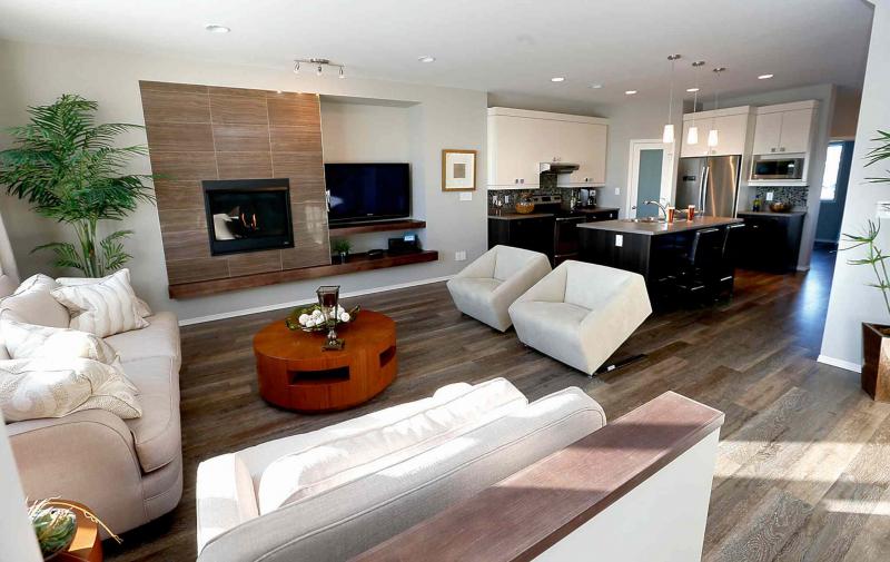 The living room has a gas fireplace.