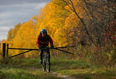 Brandon Sun  10102008 A cyclist makes his way along a path at the Brandon Hills recreational area south of Brandon, Man. on a colourful fall Friday, October 10, 2008. (Tim Smith/Brandon Sun)
