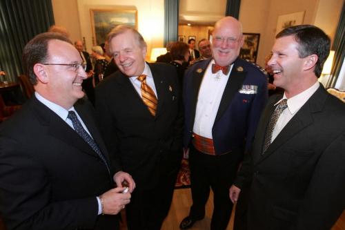 BORIS MINKEVICH/WINNIPEG FREE PRESS  060411 Lieutenant Governor of Manitoba John Harvard(2nd form left) has some chuckles with Brandon Sun publisher Ewan Pow(L), Police Chief Richard Bruce(2nd from the right) and Brandon Mayor Dave Burgess at Goverment House in Winnipeg. MANDITORY PHOTO CREDIT BORIS MINKEVICH/WINNIPEG FREE PRESS