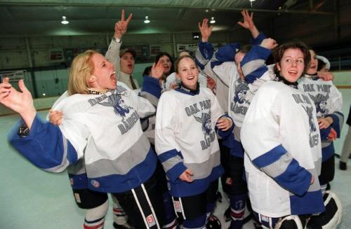Oak Park Raiders  womens hockey team celebrate championship win at St. James Civic Centre-kengigliotti mar 11 1999