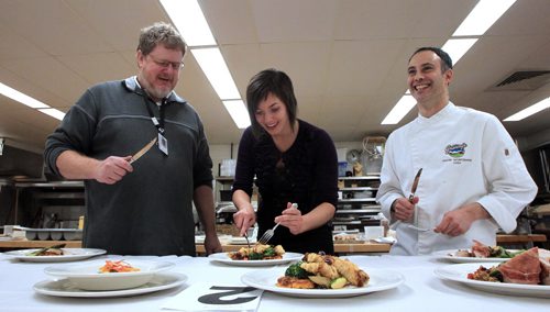 MIKE.DEAL@FREEPRESS.MB.CA 101210 - Friday, December 10, 2010 - Five student chefs took part in the Red River College Iron Turkey Chef Competition on Friday at the college's Notre Dame campus. Judges (l-r) Free Press humourist Doug Speirs, Krista Pratt from Manitoba Turkey Producers and Jason Wortzman from Granny's Poultry. See Doug Speirs story. MIKE DEAL / WINNIPEG FREE PRESS