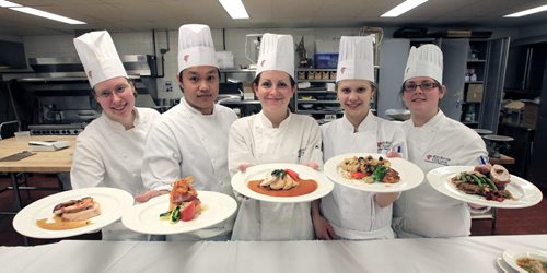 MIKE.DEAL@FREEPRESS.MB.CA 101210 - Friday, December 10, 2010 - Five student chefs took part in the Red River College Iron Turkey Chef Competition on Friday at the college's Notre Dame campus. (l-r) Jacqueline Leach, Mark Opinga, Jenelle Lavoie, Lindsay Feduniw and Emma Mckenzie. See Doug Speirs story. MIKE DEAL / WINNIPEG FREE PRESS