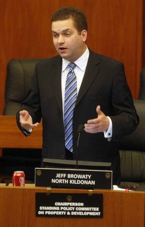 TREVOR HAGAN / WINNIPEG FREE PRESS - Councillor Jeff Browaty addresses city council during a meeting where the council approved its end of a plan to complete a $190-million football stadium at the University of Manitoba. 10-12-15