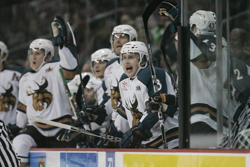 December 17, 2010 - 101217  - Lee Sweatt (3) and the Manitoba Moose bench yell at the referee in the third period of their AHL game against the Houston Aeros in Winnipeg on Friday, December 17, 2010.  John Woods / Winnipeg Free Press