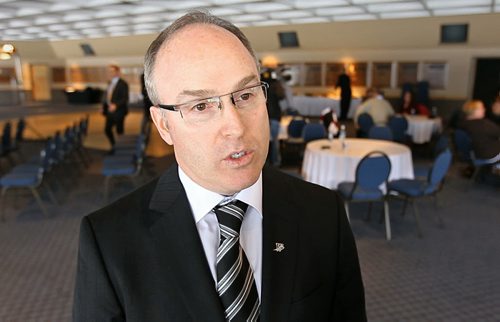 TREVOR HAGAN / WINNIPEG FREE PRESS - Jeff Thompson, Chief Transition Officer addresses the media today. He outlined the plan that the team has in place to pay back the loan for the new stadium. 10-12-21