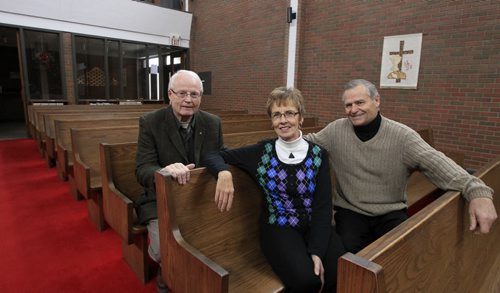 MIKE.DEAL@FREEPRESS.MB.CA 101222 - Wednesday, December 22, 2010 - (l-r) Trinity Lutheran Church pastor Ronald Nelson with Ruth and Ron Penner pastors of the Aberdeen EMC. Lutherans and Mennonites in North End hold joint service after their two denominations reconcile a 500-year-old difference. See Brenda Suderman story MIKE DEAL / WINNIPEG FREE PRESS