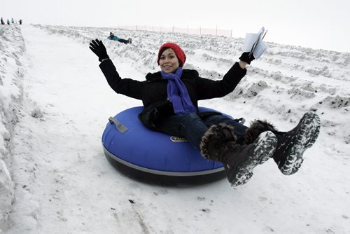 December 23, 2010 - 101223  - Crystal Green, Winnipeg Free Press reporter slides down the newly build sliding hill at Adrenaline Adventures on the west Perimeter on Thursday, December 23, 2010. John Woods / Winnipeg Free Press