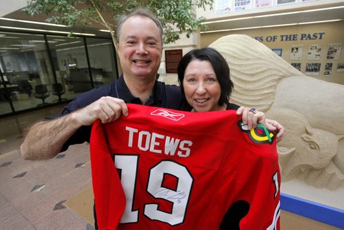 MIKE.DEAL@FREEPRESS.MB.CA 110107 The winner of the Pennies from Heaven/Jonathan Toews autographed jersey giveaway was Judy Lavergne of Winnipeg Ä¶ she plans to gift it to her 16-year-old nephew. See Kevin Rollason story Mike Deal / Winnipeg Free Press