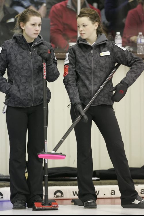 January 08, 2011 - 110108  -  Rachel (L)(skip) and Laura Burtnyk (third) compete in the Provincial Junior Women's Curling Championship at the Victoria Curling Club Saturday, January 8, 2011.    John Woods / Winnipeg Free Press