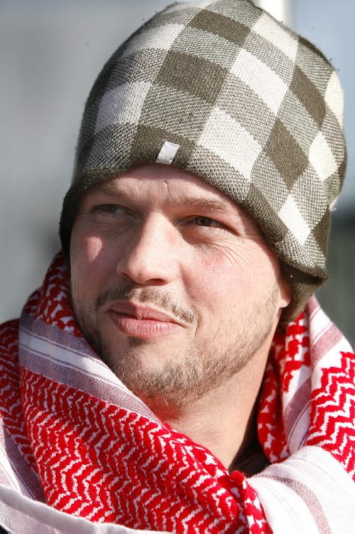 MIKE.DEAL@FREEPRESS.MB.CA 110119 - Wednesday, January 19, 2011 - War resister, Joshua Key at a rally held in front of MP Vic Toew's office in Steinbach, Manitoba. See Sandy Klowak story MIKE DEAL / WINNIPEG FREE PRESS