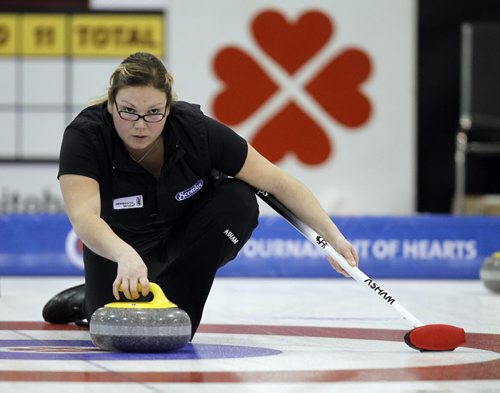 TREVOR HAGAN / WINNIPEG FREE PRESS - Kristen Phillips, 3rd on the Thurston team, playing out of the Granite Curling Club. 11-01-26