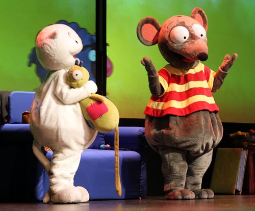 Brandon Sun The main characters in the matinee show of "Toopy and Binoo" take to the stage, Friday afternoon at the Centennial Auditorium. The cartoon characters, popular with the toddler set, put on two shows for area families. (Colin Corneau/Brandon Sun)