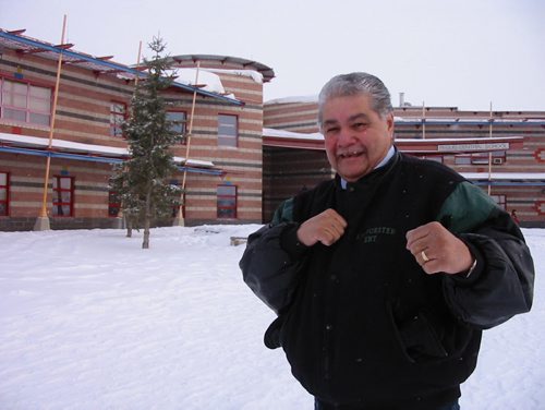 Ray Mason of Peguis First Nation, an ex-boxer and former residential school student, was recently compensated for being absued in in the school system. He poses in front of Peguis Central School. February 2 2011. Winnipeg Free Press / Bill Redekop photo story.